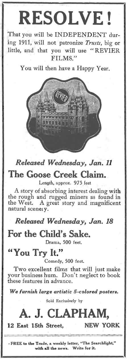 Advertisement for The Goldcreek Claim in THE MOVING PICTURE WORLD 8, no. 2 (14 January 1911): 65